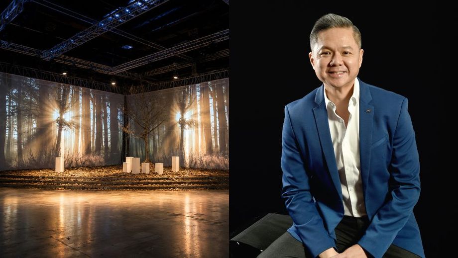 Left: Projection mapping at an event for a luxury skincare client, and Aavii Worldwide’s founder Francis Cheong.