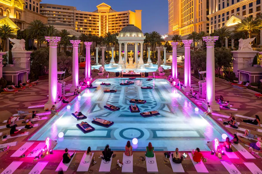 A Sount Bath Meditation session led by Dani Kilpatrick at Garden of the Gods pool, Caesars Palace.