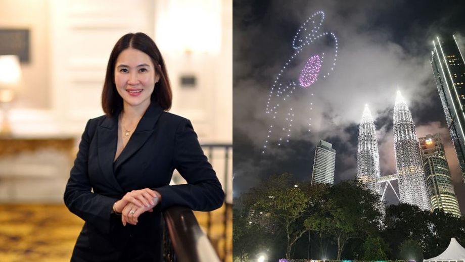 Left: Ecopia Group’s managing director and founder Snowie Tan and drone show at Kuala Lumpur Convention Centre.
