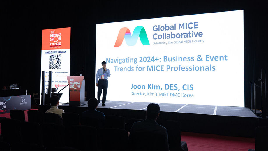 Kim’s M&T director June Kim, who also represents the Global MICE Collaborative, a coalition of MPI, SITE and IAEE, speaking during The Meetings Show Asia Pacific 2024.