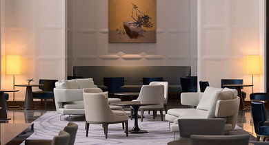 The elegant lobby lounge intrigues with thought-provoking artwork.