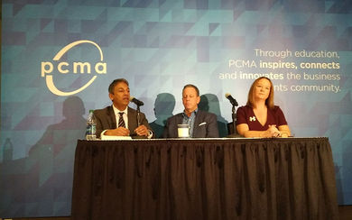 PCMA press conference helmed by: (From left) Sherrif Karamat, CEO, PCMA; David Peckinpaugh, chair, PCMA Education Foundation; Claire Smith, chair, PCMA.