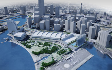 PACIFICO YOKOHAMA NORTH (right, low-rise) and the existing PACIFICO Yokohama (left).