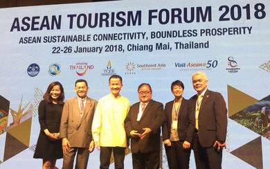 Alloysius Teng, assistant director, event venue sales (extreme right) represented Gardens by the Bay and received an award at ASEAN Tourism Forum 2018. Also in attendance was Lionel Yeo, chief executive, Singapore Tourism Board (third from left).
