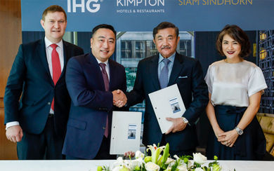From left: Kenneth Macpherson, CEO, Europe, Middle East, Asia and Africa, IHG; Clarence Tan, managing director, Southeast Asia and Korea, IHG; Chalaluck Bunnag, managing director, Siam Sindhorn; Chonpreya Pacharaswate, director, hotel, Siam Sindhorn.