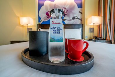Refillable glass carafes at Resorts World Sentosa’s hotel rooms.