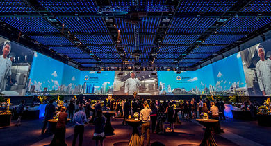 The Panorama allows remote presentations via the Skype video call capability and an immersive event experience with its wide-format projection.
