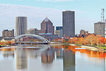 Rochester city skyline river