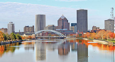 Rochester city skyline river