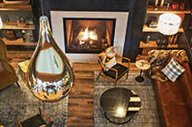 Hanging, hand-blown glass raindrops
adorn the Hewing Hotel.