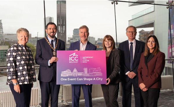 Pictured: Ellvena Graham OBE, chair of Tourism NI; Deputy Lord Mayor of Belfast, Cllr Paul Doherty; Rob McConnell, chief executive, ICC Belfast; economy minister Dr Caoimhe Archibald; Steve Daniels, chair, ICC Belfast; and Rachael McGuickin, deputy CEO, Visit Belfast