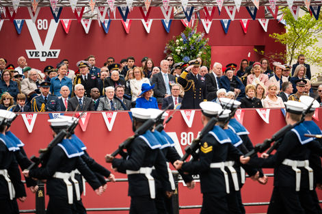Members of the royal family, along with prime minister Sir Keir Starmer, watch the procession