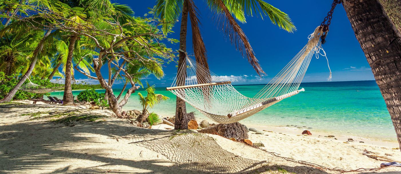Empty hammock in the shade of palm trees on tropical Fiji Islands (photo via mvaligursky / iStock / Getty Images Plus)