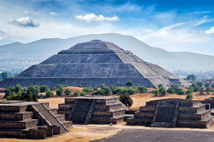 Panorama of Pyramid of the Sun. Teotihuacan. Mexico. View from the Pyramid of the Moon. (photo via f9photos / iStock / Getty Images Plus)