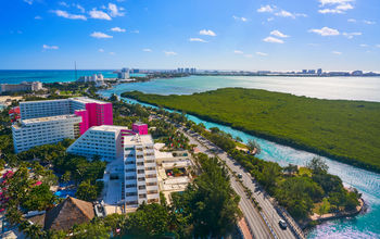 An aerial view of Cancun&#39;s Hotel Zone at Playa Linda.