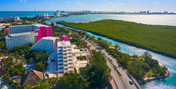 An aerial view of Cancun's Hotel Zone at Playa Linda.