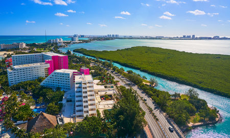 An aerial view of Cancun&#39;s Hotel Zone at Playa Linda.