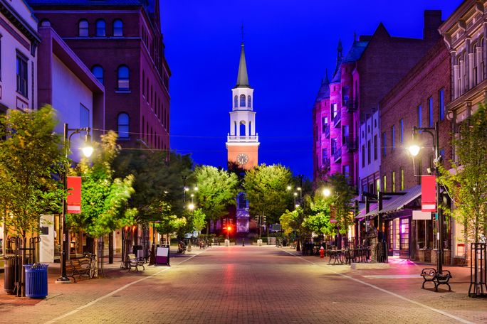 Church Street in Burlington, Vermont Burlington, Vermont, USA at Church Street Marketplace. (photo via SeanPavonePhoto / iStock / Getty Images Plus)