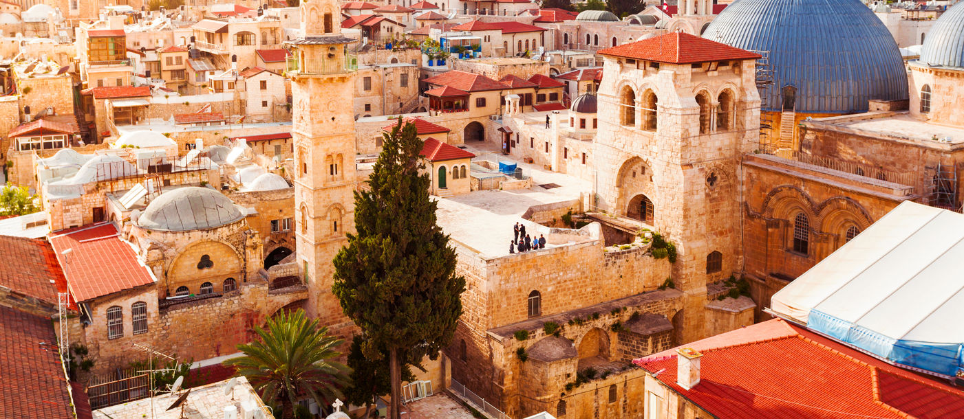 Old City of Jerusalem with the aerial view. View of the Church of the Holy Sepulchre, Israel. (Photo via seregalsv / iStock / Getty Images Plus)