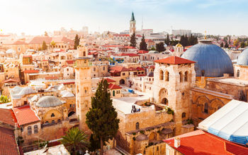 Old City of Jerusalem with the aerial view. View of the Church of the Holy Sepulchre, Israel.