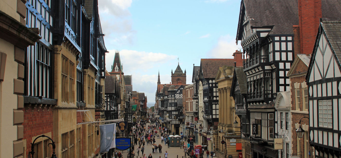 Image: View of Chester City Centre showing the Tudor buildings and quaint main shopping street (Photo via BellPhotography423 / iStock / Getty Images Plus)