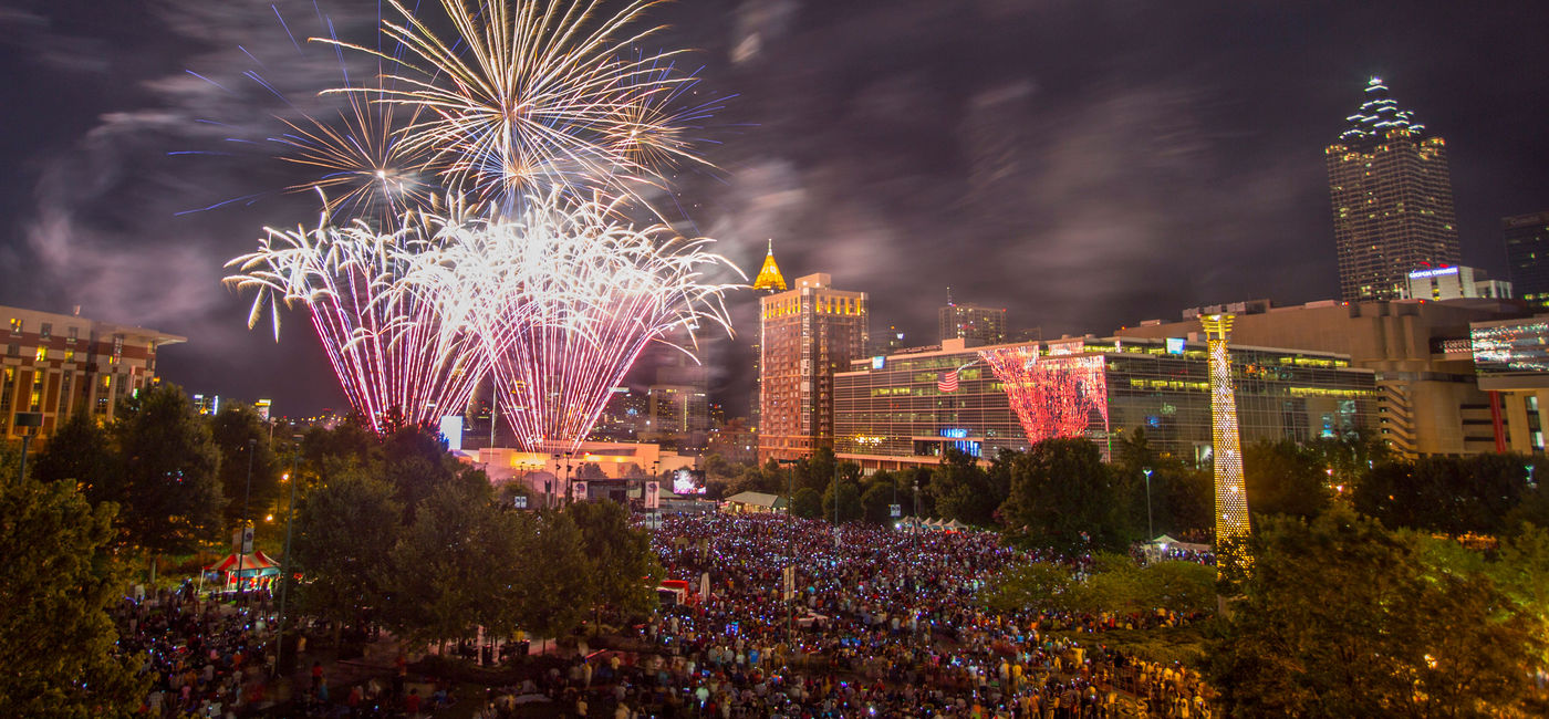 Image: July 4 holiday bookings may indicate the beginning of a rebound for domestic carriers. Pictured, July 4th fireworks in Atlanta. (Photo via Georgia World Congress Center)