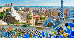 A colorful tiled rooftops of Park Güell, Barcelona, Spain