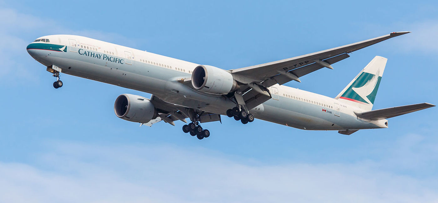 Image: Boeing 777 Cathay Pacific takes off. (Photo via rypson / iStock Editorial / Getty Images Plus)