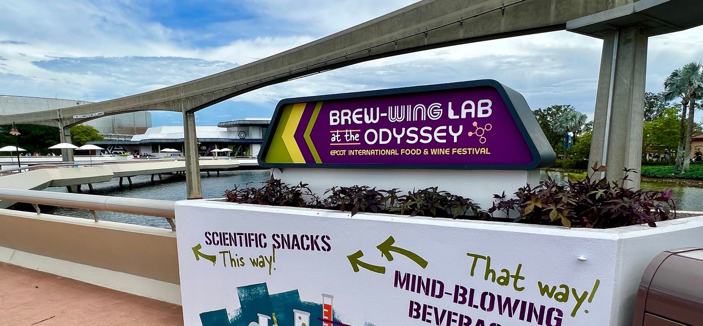 Image: Brew-Wing sign at Disney World's 2023 EPCOT Food & Wine Festival (Photo Credit: Brooke McDonald)