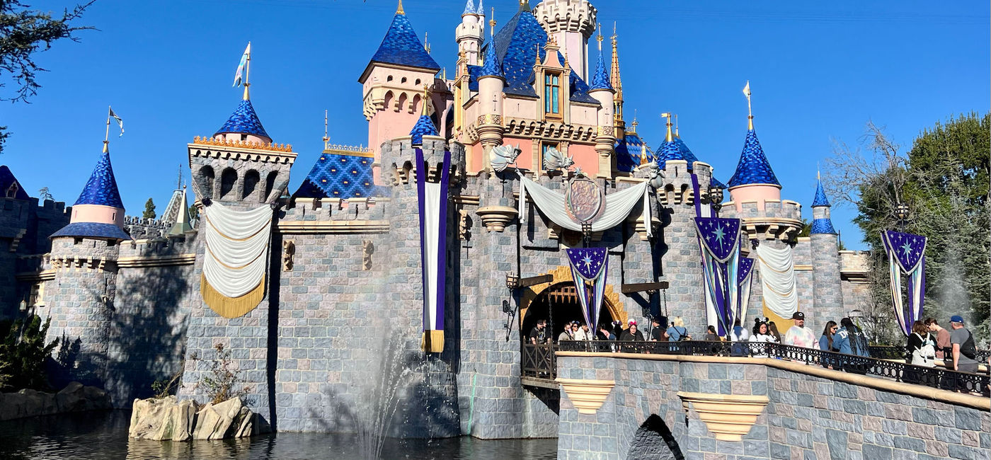 Image: Sleeping Beauty Castle decorated for Disney100 (Photo via Brooke McDonald)