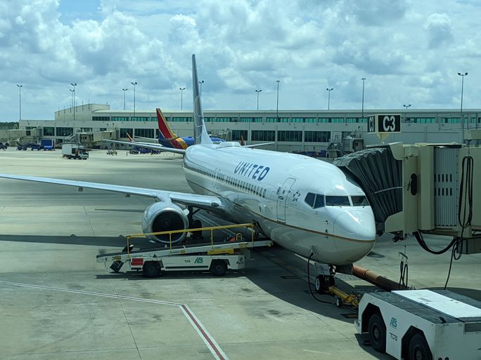 United Airlines plane at gate