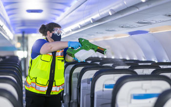 Plane cabins are sanitized using electrostatic disinfectant sprayers.