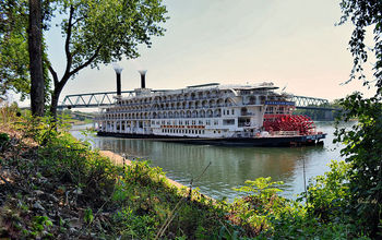 The steamboat American Queen tied up at the Ohio River Levee at Marietta.