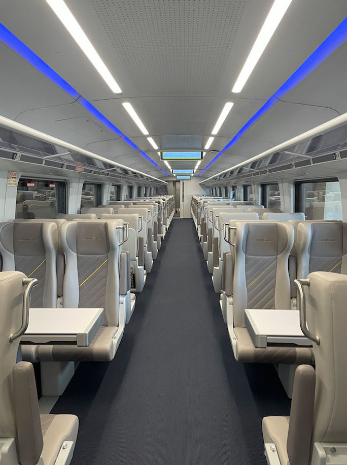 Brightline coaches feature comfortable leather seats. 