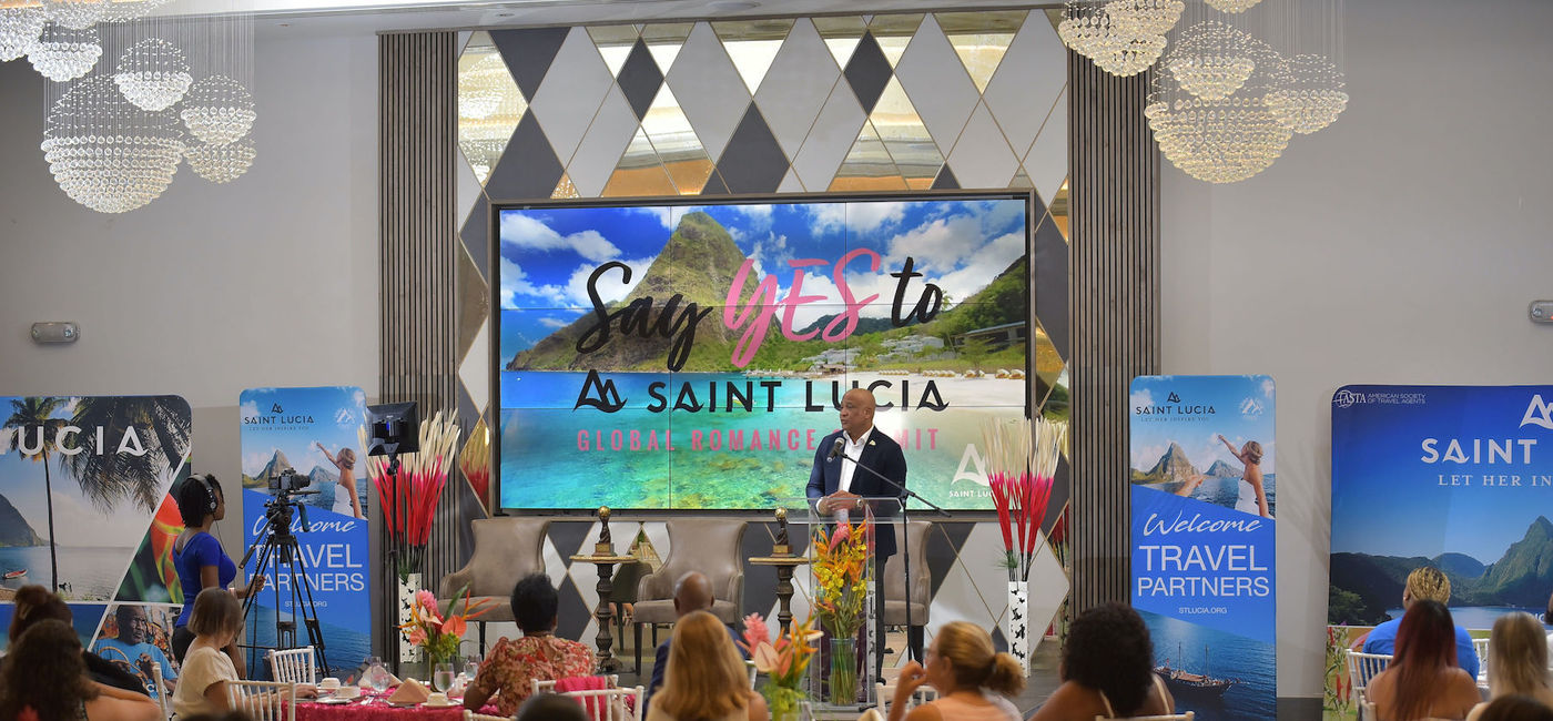 Image: Dr. Ernest Hilaire, Saint Lucia Minister of Tourism, addressed Romance Summit attendees. (Photo Credit: Saint Lucia Tourism Authority)
