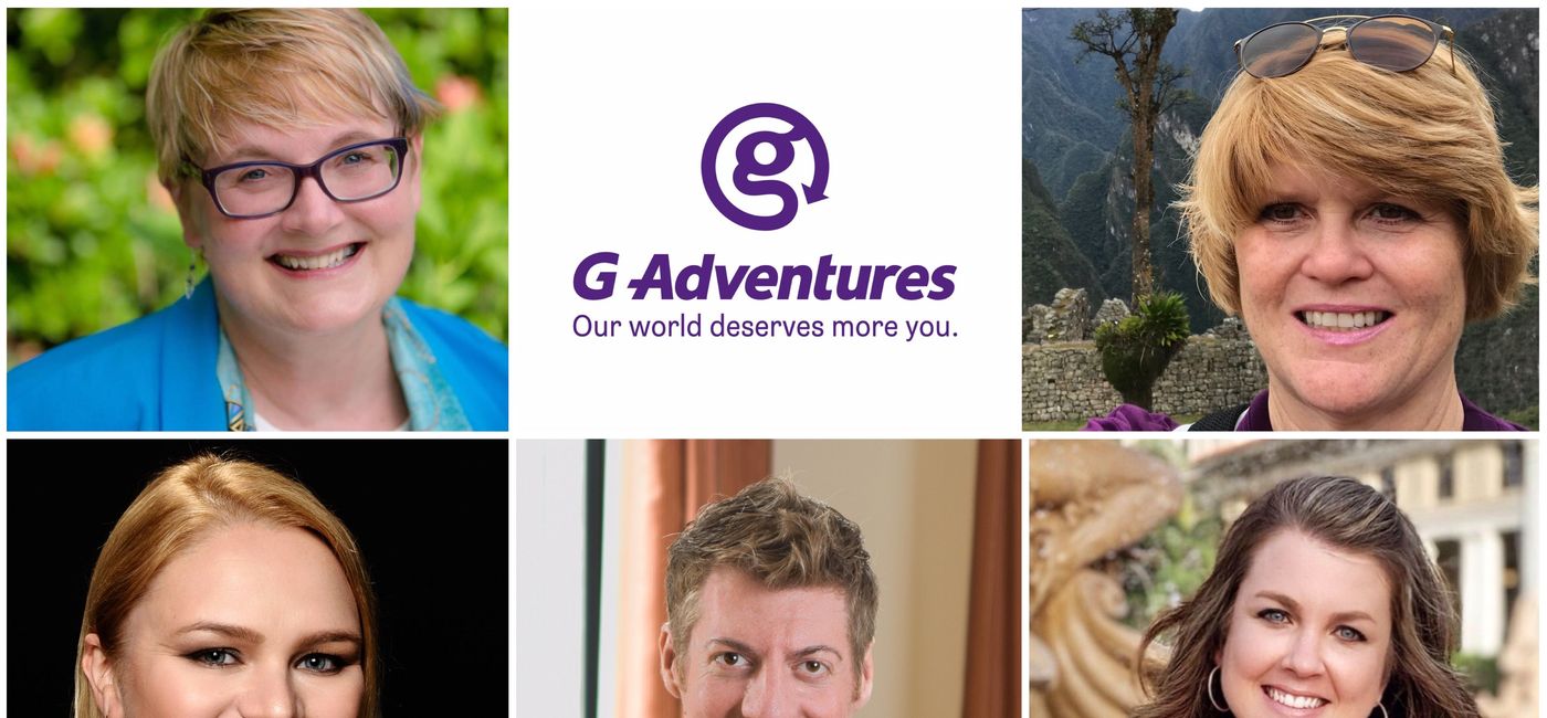 Image: Top row from left to right: Ambassadors of Change Laurie Scott and Tina Shands. Bottom row from left to right: Ambassadors of Change Sheena Dersidan, Phillip Archer and Nicole Andujar. (photo via G Adventures)