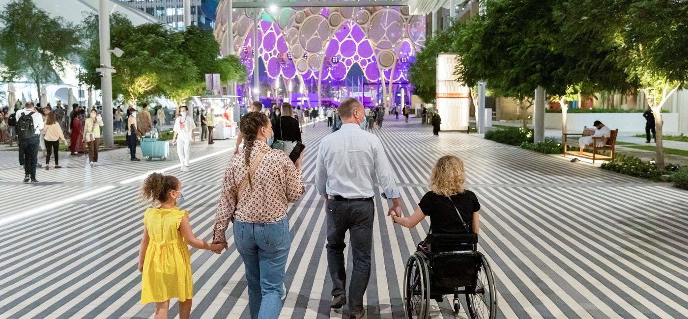 Image: A family walks towards Al Wasl at the Expo 2020 Dubai. (photo via Expo 2020 Dubai LLC) ((photo via Expo 2020 Dubai LLC))