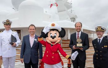 Numerous Meyer Weft and Disney Cruise Line executives at a Disney Wish ceremony.