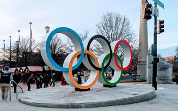 Olympic Rings welcoming you to the Centennial Olympic Park District in Atlanta, GA
