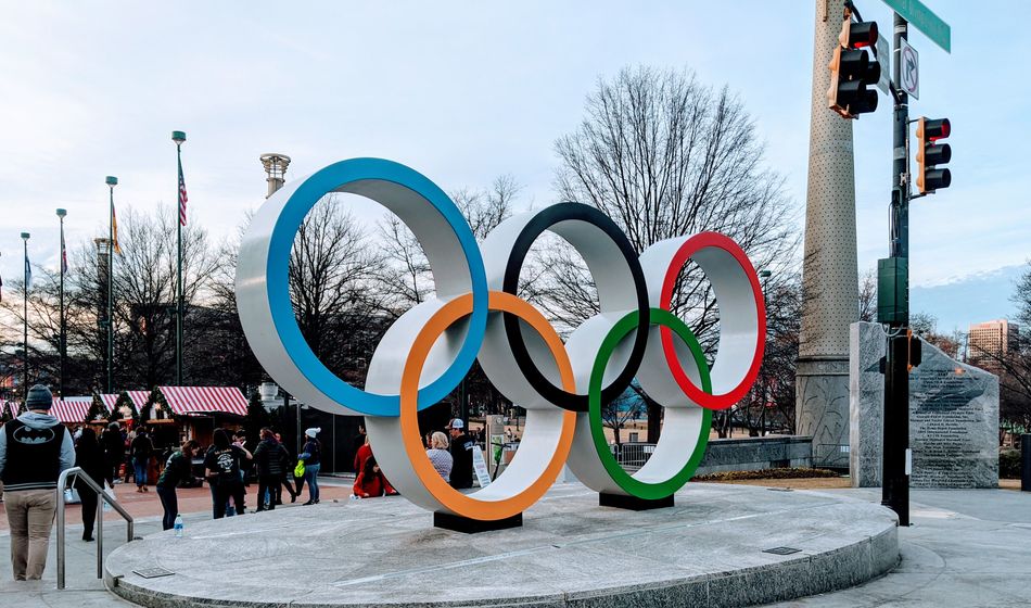 Olympic Rings welcoming you to the Centennial Olympic Park District in Atlanta, GA