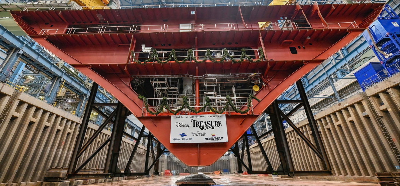 Image: Disney Treasure's keel laying ceremony at Meyer Werft shipyard in Papenburg, Germany. (photo courtesy of Disney Cruise Line)