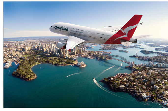 Qantas Airbus 380 jet over Sydney Harbor Qantas Airbus 380 jet over Sydney Harbor