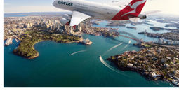 Qantas Airbus 380 jet over Sydney Harbor