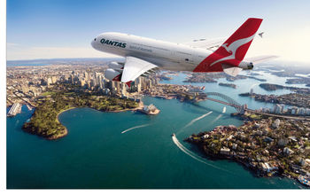 Qantas Airbus 380 jet over Sydney Harbor