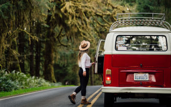 A woman road tripping in her campervan