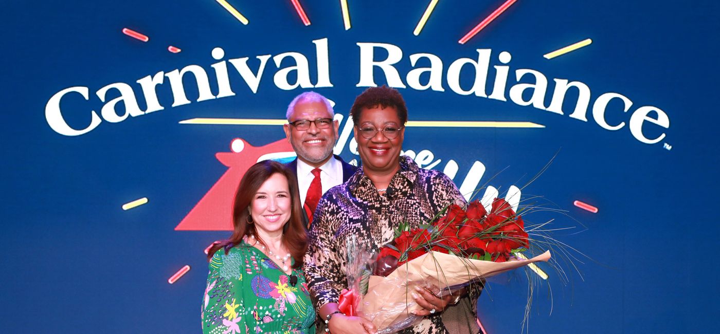 Image: Celebrating the christening of Carnival Radiance are, from left, Carnival President Christine Duffy, Carnival Corp. CEO Arnold Donald and the ship’s godmother Lucille O’Neal. (Photo via Carnival Cruise Line)