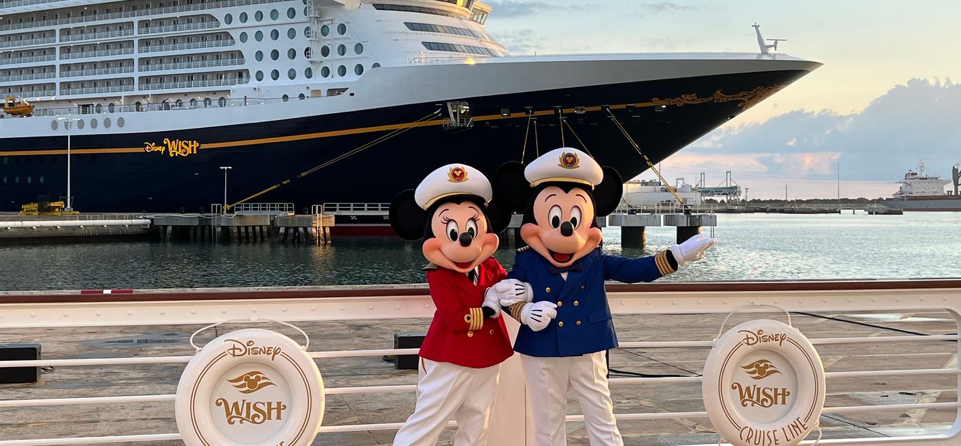 Image: Minnie and Mickey Mouse welcome the new Disney Wish to Port Canaveral. (photo via Canaveral Port Authority) ((photo via Canaveral Port Authority))