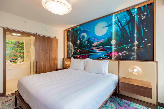 One-bedroom villas at The Villas at Disneyland Hotel are themed to The Princess and the Frog. One-bedroom villas at The Villas at Disneyland Hotel are themed to The Princess and the Frog.