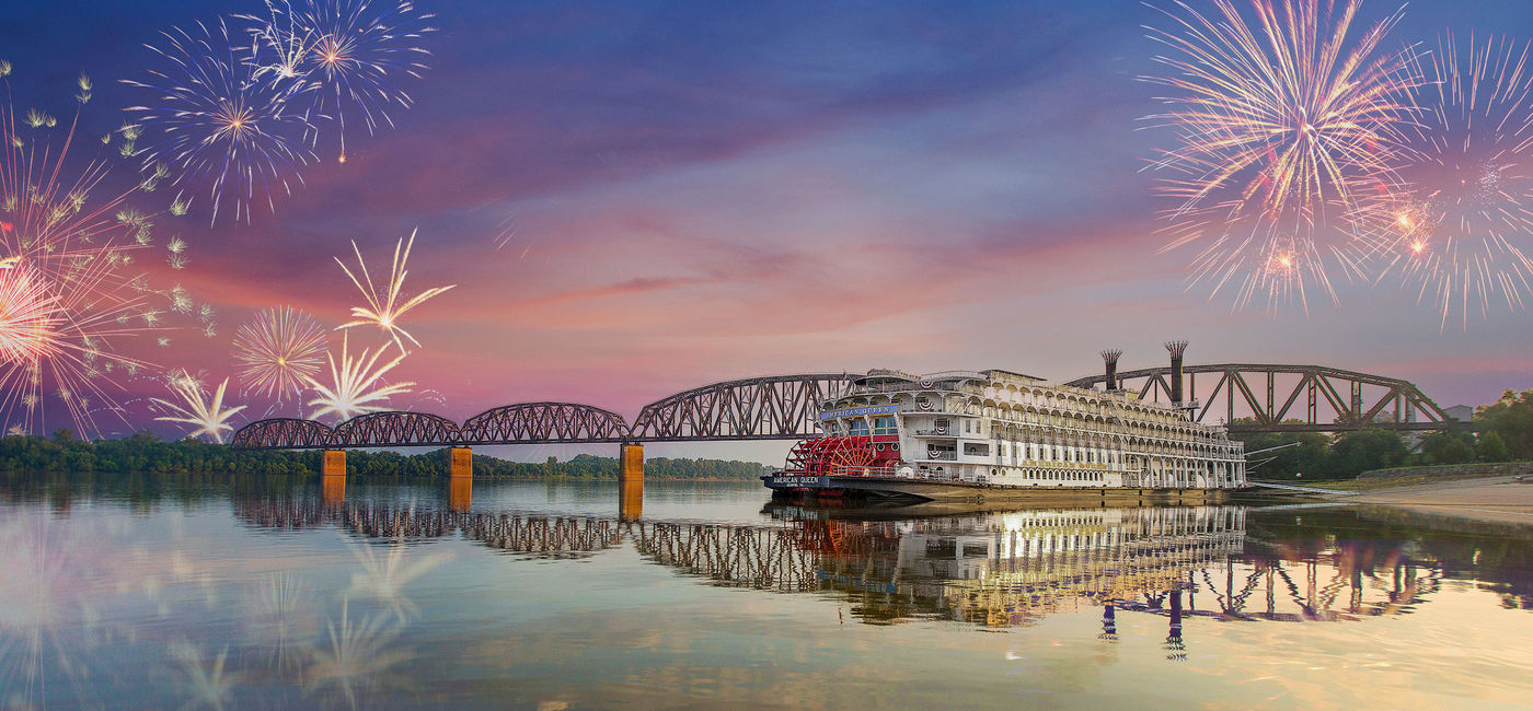Image: An American Queen Voyages paddlewheeler celebrates the 4th of July with fireworks overhead. (photo via American Queen Voyages) ((photo via American Queen Voyages))