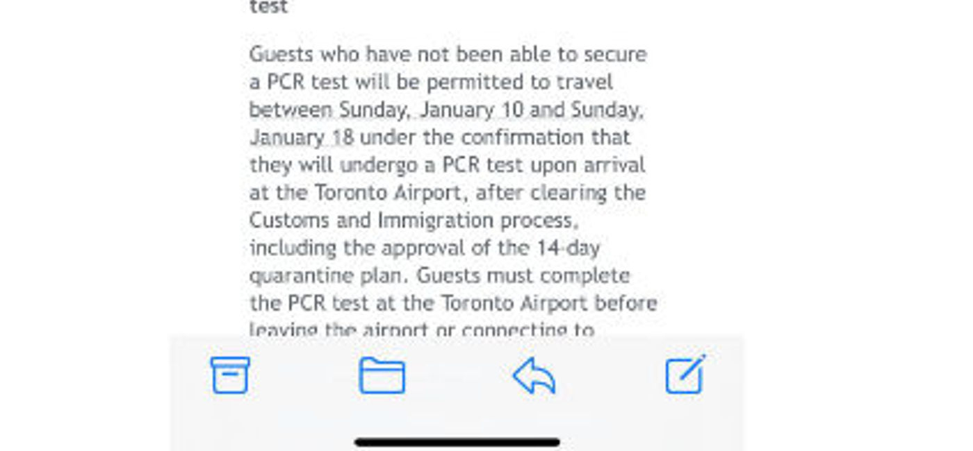 Image: An email from WestJet to a traveller regarding changes to COVID requirements. (PHOTO: TravelPulseCanada)